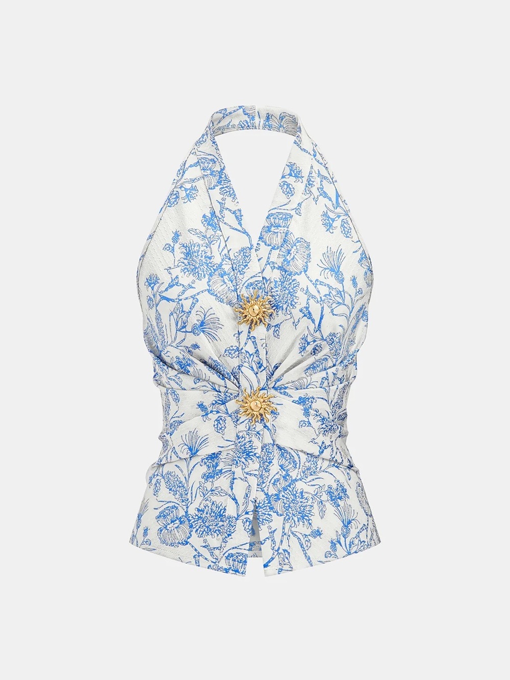 152 Floral Print Embellished Ruched Halter Top